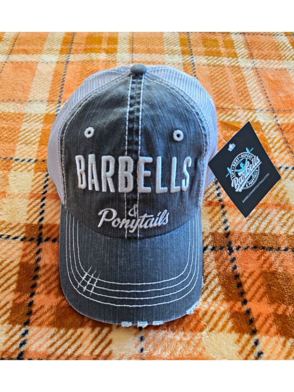 Barbells & Ponytails Gray/White Mesh Trucker Cap Hat Adjustable One Size